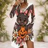 Women White Criss Cross V Neck Long Sleeve Curved Hem Printed Dress Cute Panda Ghost Halloween Pattern