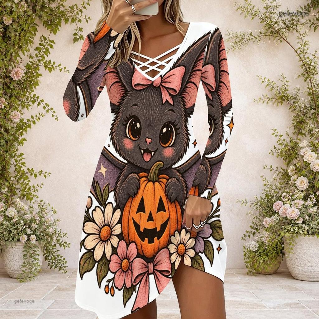 Women White Criss Cross V Neck Long Sleeve Curved Hem Printed Dress Cute Panda Ghost Halloween Pattern