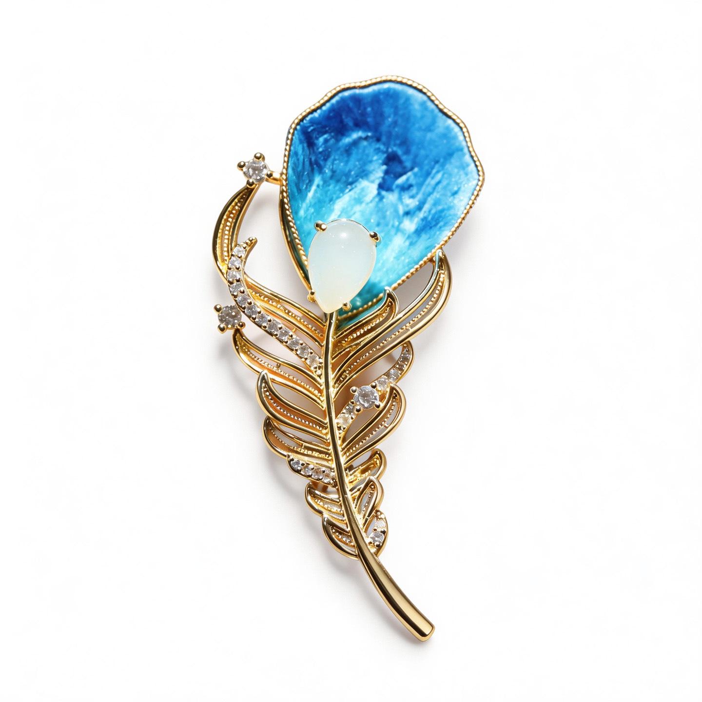 Bo Xin Yun Gold-Plated Cubic Zirconia Blue Velvet Feather Flower Brooch