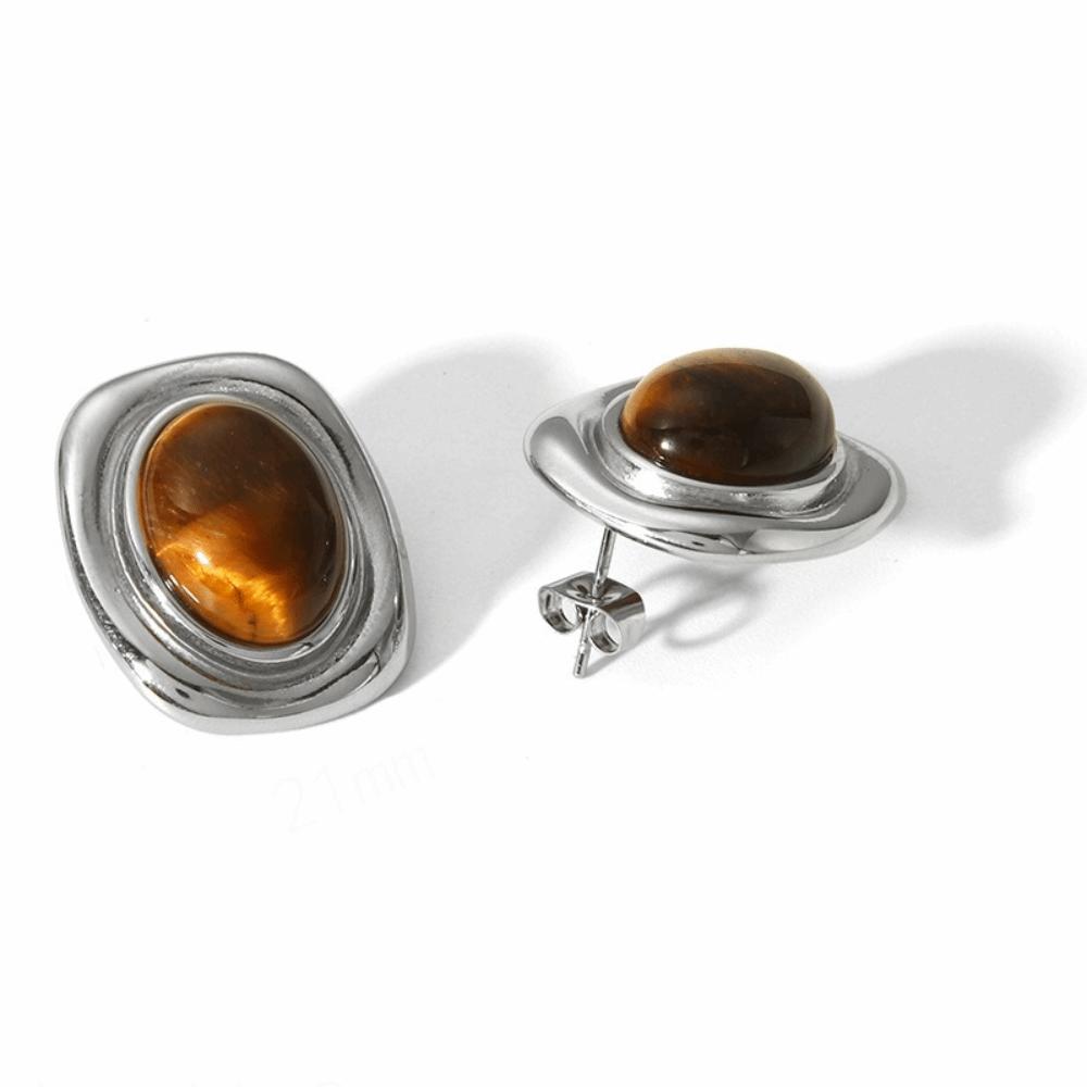

Nature Stone Tiger-eye Earrings Stainless Steel Gold Plated Stud Earrings Waterproof Oval Bead Pearl Earrings Gemstone Jewelry