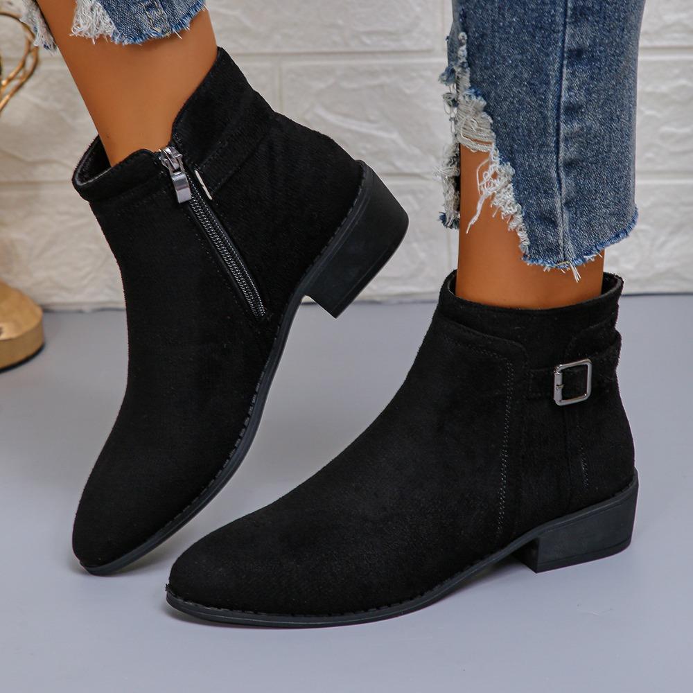 Ankle Boots for Women 2025 Winter New Large Size Short Boots British Style Thick Heel Suede Buckle Side Zipper Women's Boots