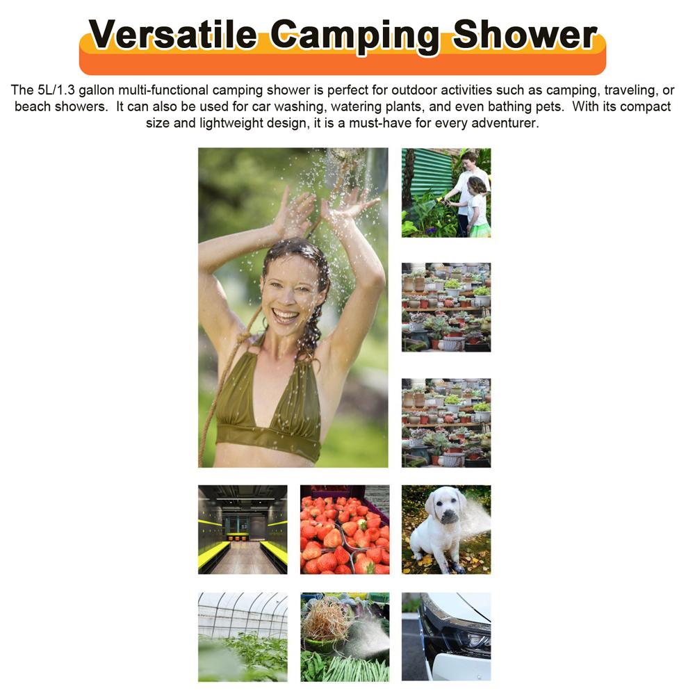 Multifunksjonell campingdusj 5L/1,3 gallon bærbar trykkvannsprøyte med 7 spraymoduser