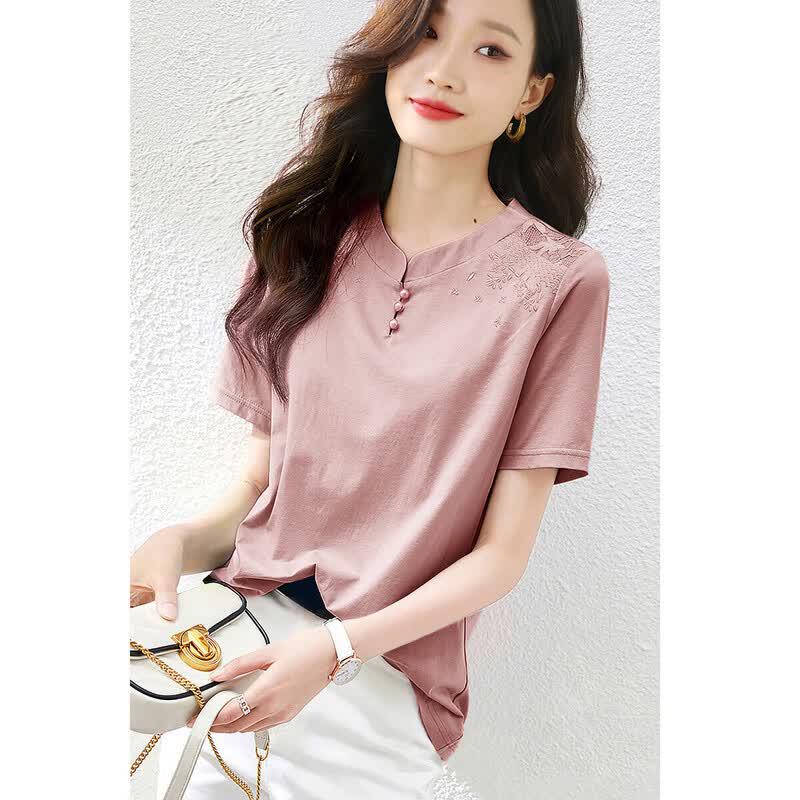 

Elegant Embroidered Button-Decorated Women s Short Sleeve T-Shirt L