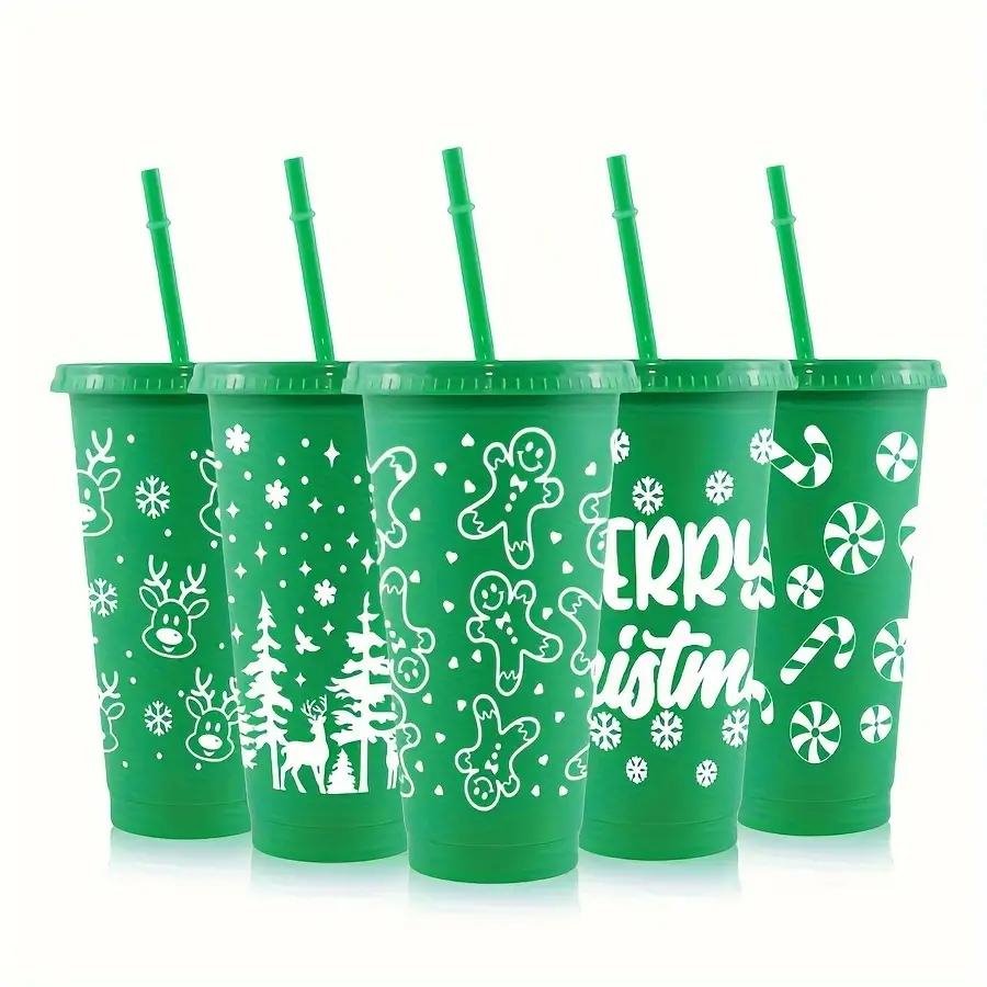 New Christmas Plastic Cup 710ML PP Straw Cup With Lid Reusable 24OZ Water Bottle Juice Iced Coffee Milk Cups for Santa Parties