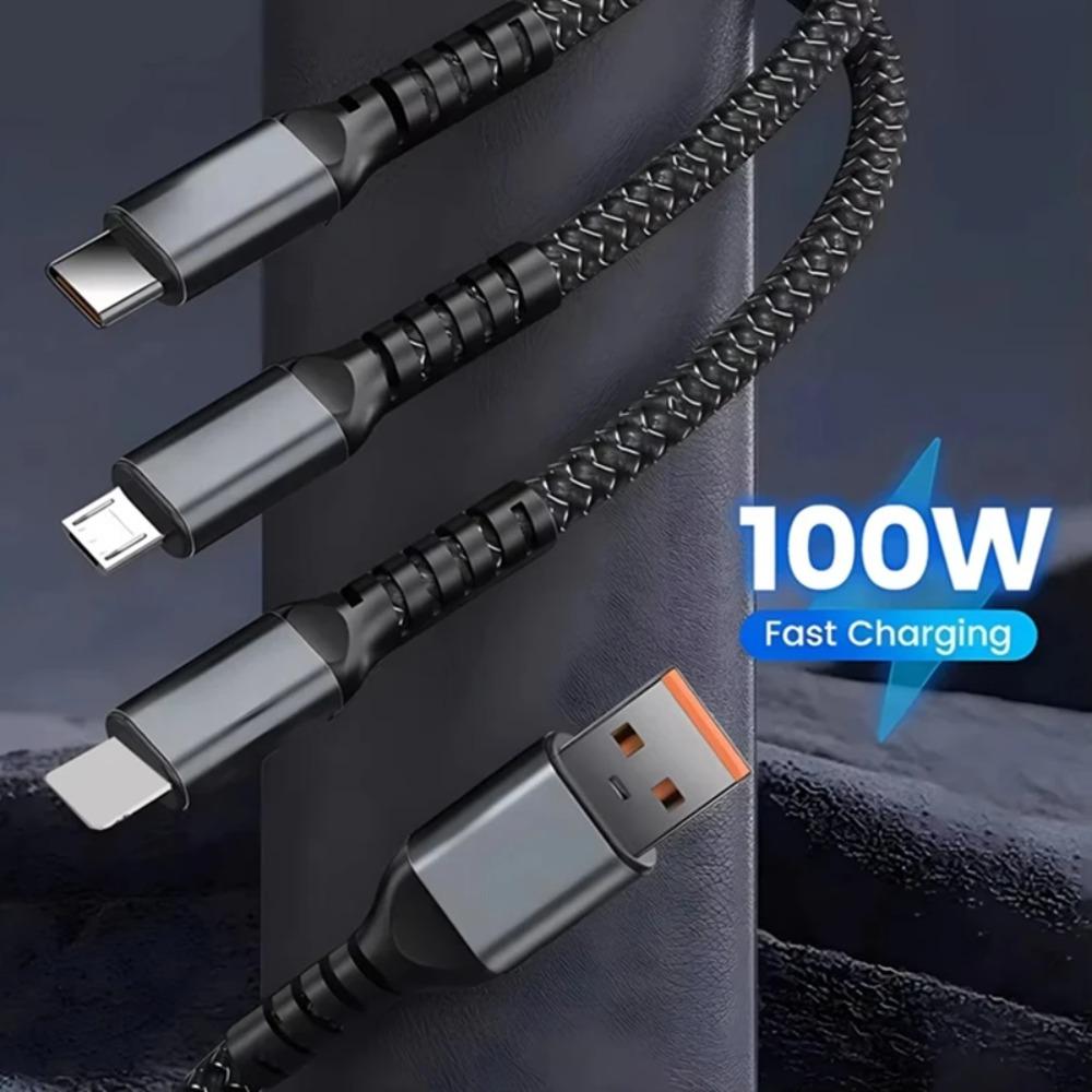 3-In-1 Super Fast Charging Cable, 3-In-1 Charging Cable With Transparent Illuminated Braided Nylon Wire, Fast Charging Data