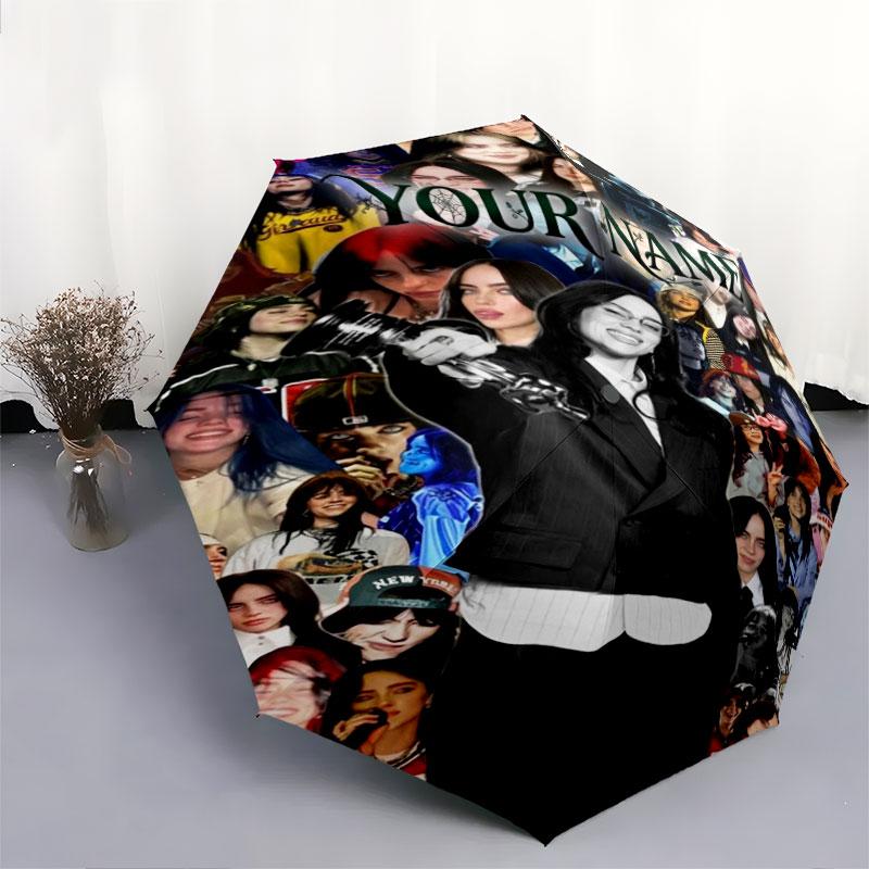1 PC Automatic Folding Umbrella - Billie Eilish Custom Name Pattern, Portable & Foldable Design with 8 Ribs, Christmas Birthday Gifts