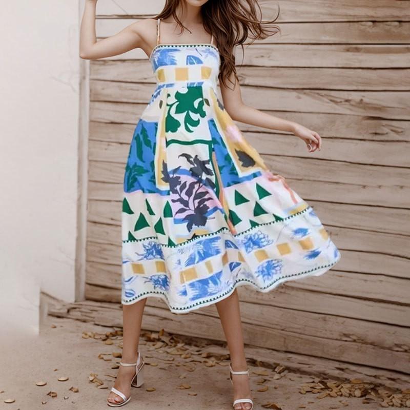 Women's Clothing Cross-border European American Fashion Painted Printed Suspender Waist Dress