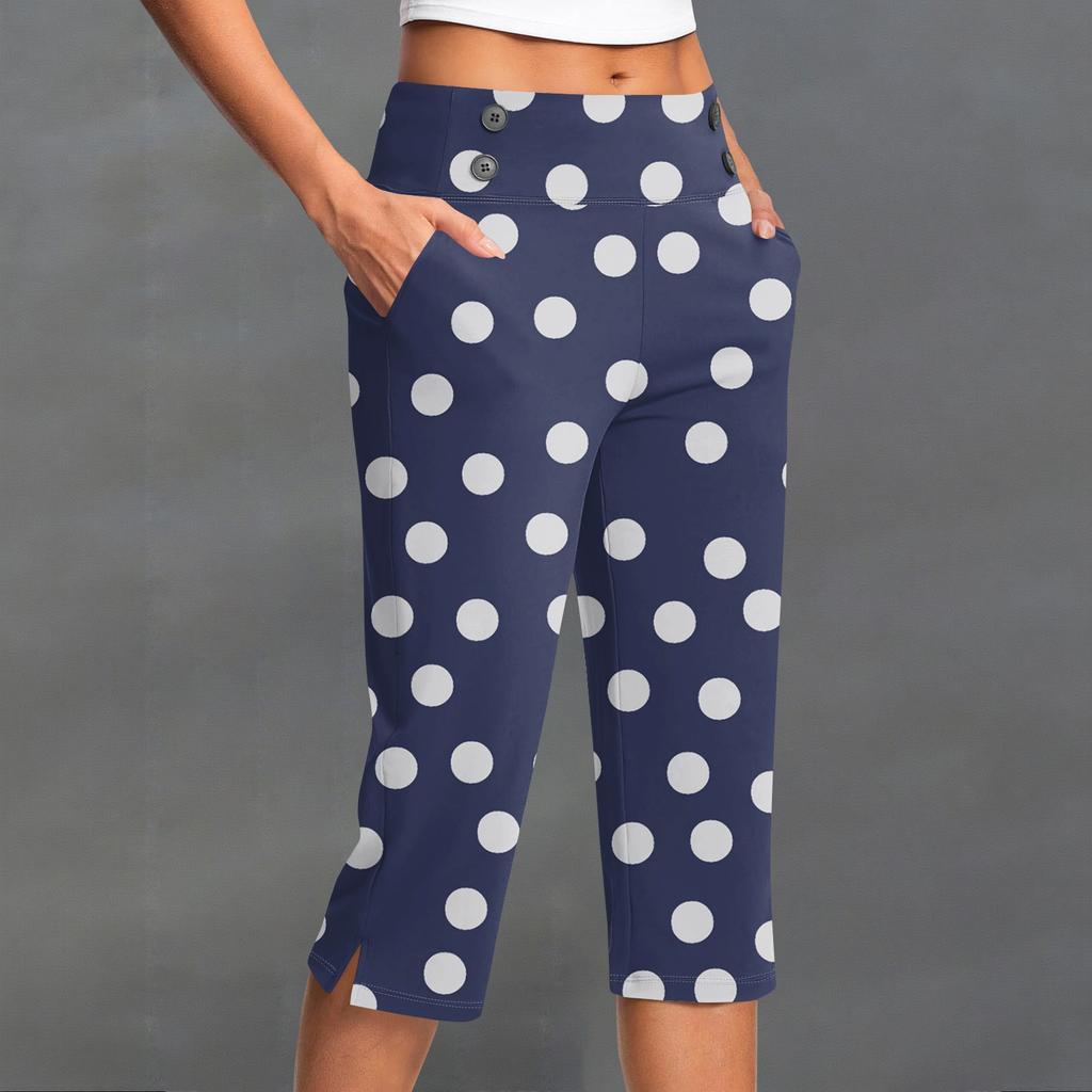 Women's Fashion Polka Dot Button Pocket Trousers Slit High Waist Sports Yoga Casual Cropped Pants