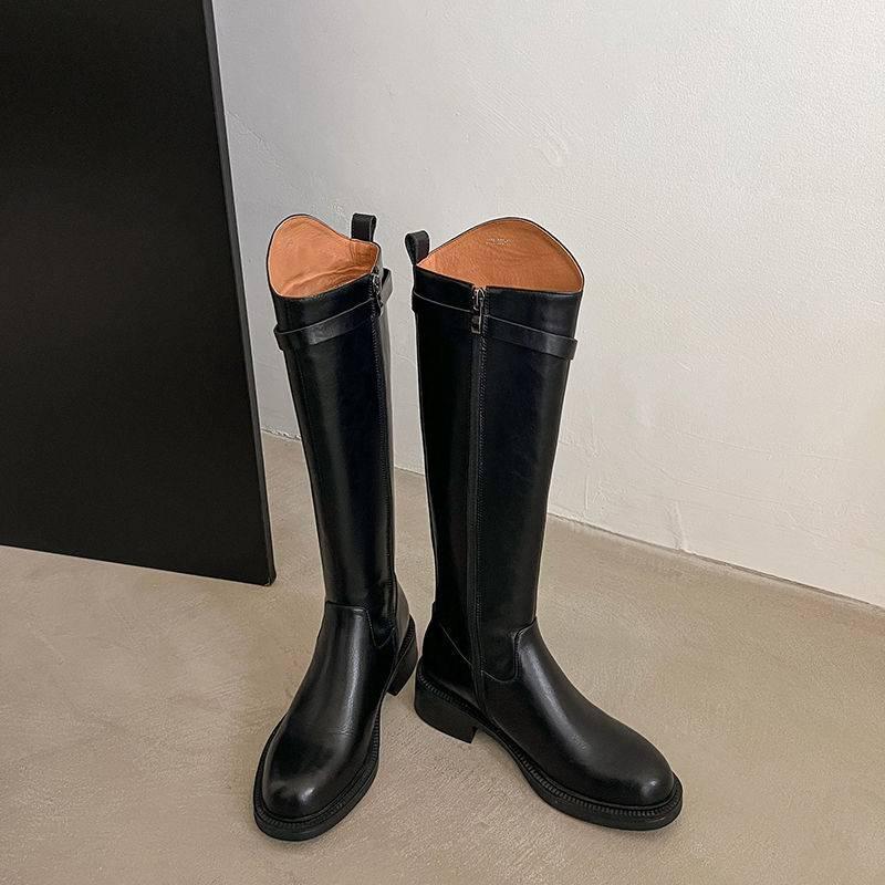 

Осенне-зимние ботфорты на платформе, женские на среднем каблуке, с круглым носком, универсальные кожаные высокие сапоги, новая резиновая подошва, женские сапоги большого размера 40 чёрный