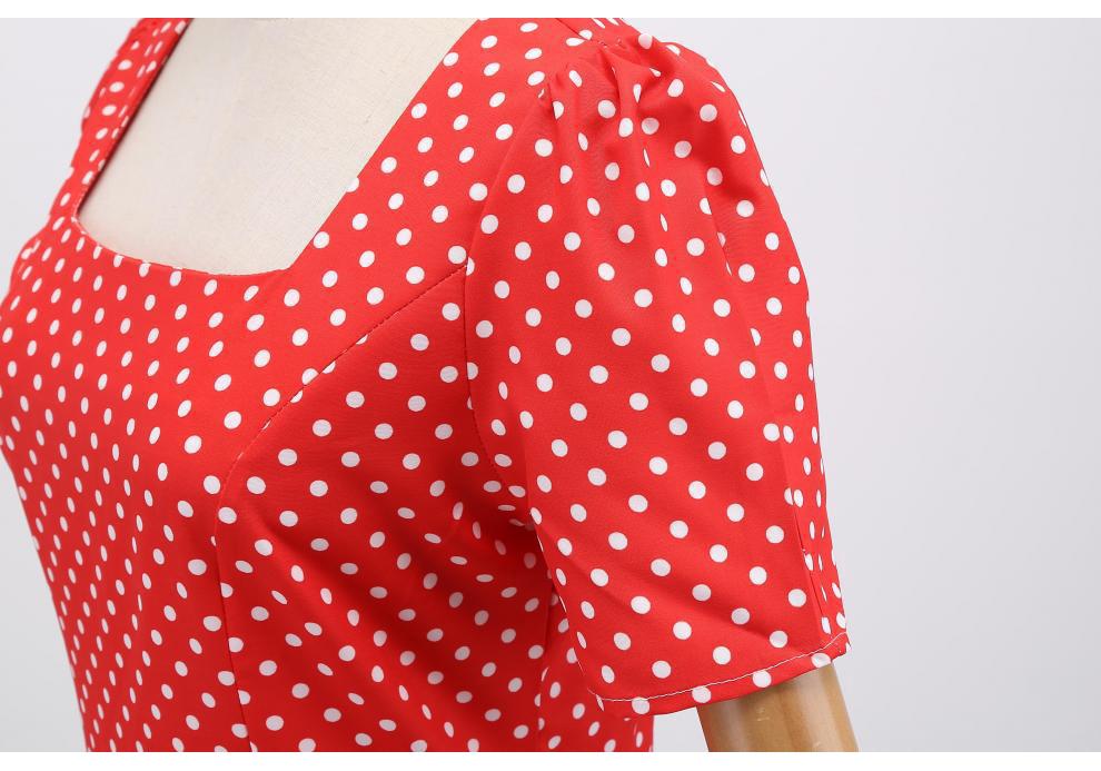 In-Stock Retro Polka Dot Hepburn Dress - Square Neck, Cinched Waist, Flared Skirt, Belted