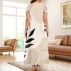 Women Plus Size Round Neck Keyhole Cutout Short Sleeve Leaves Printed Maxi Dress
