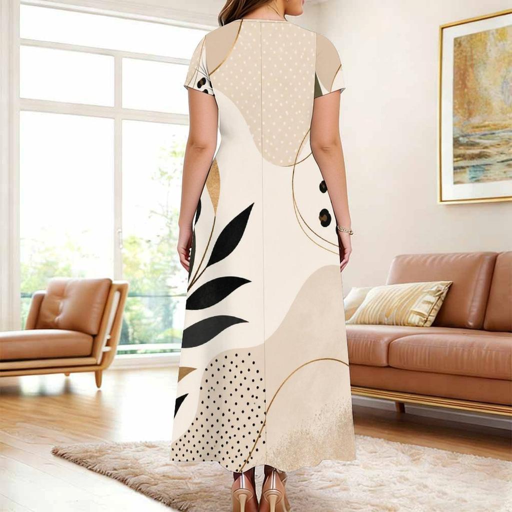 Women Plus Size Round Neck Keyhole Cutout Short Sleeve Leaves Printed Maxi Dress