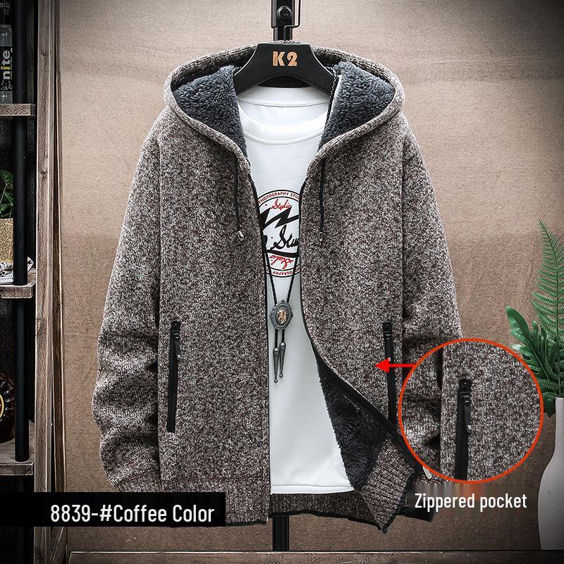 Men's Versatile Zipper Pocket Hooded Thick Knit Jacket for Autumn & Winter