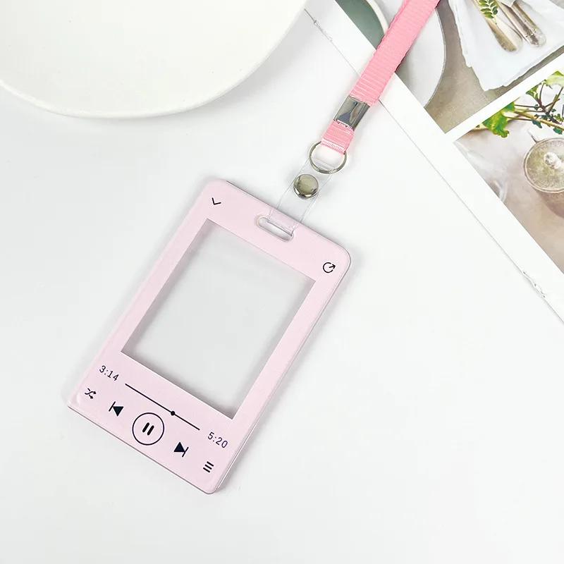 

1Pc INS Music Player ID Card Holder with Spring Rope Heart Charm Girls Kid Bus Subway Credit Card Protector Kpop Photocard Shell