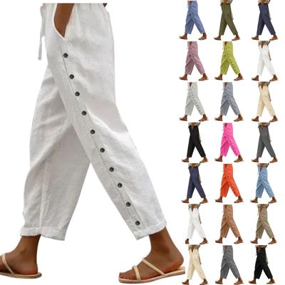 Women Casual  Stripe Print Side Button Up Trendy Pants Baggy Elastic Waist Straight Leg Comfort Trousers With Pocket