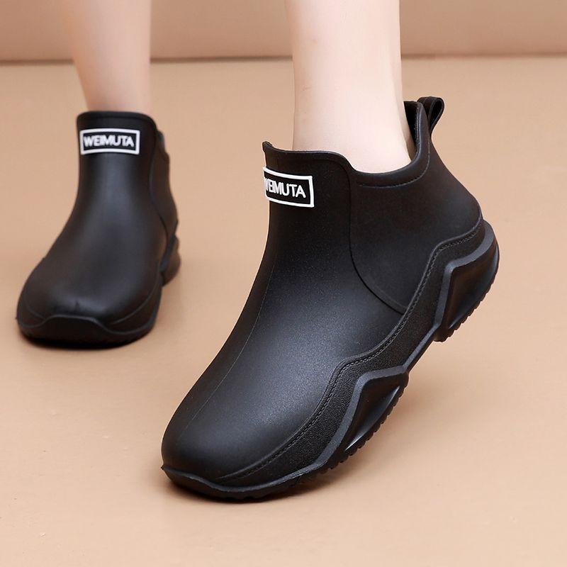 Korean Style Women's Short Shaft Rain Boots Waterproof Warm Flat Sole Kitchen Work Car Wash Rubber Boots Men's