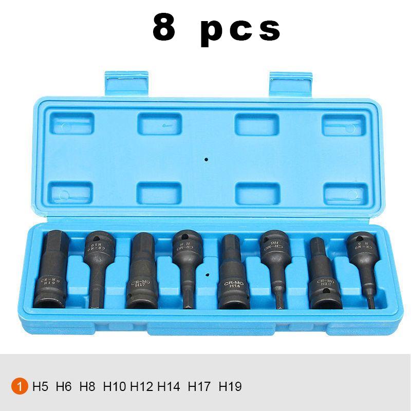 

Набор из 8 штук, набор шестигранных ударных торцевых головок H5-H19, хромомолибденовая строительная отвертка, ручной инструмент, набор шестигранных головок 1/2 дюйма