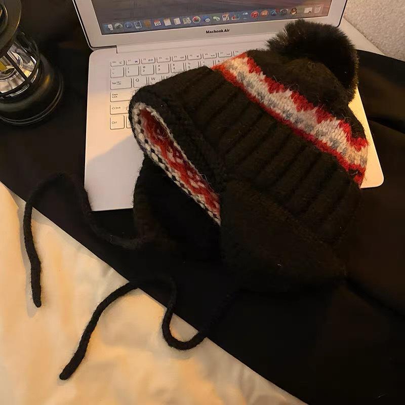Women's Retro Fair Isle Earflap Woolen Beanie - Thick Knitted Autumn/Winter Warm Hat