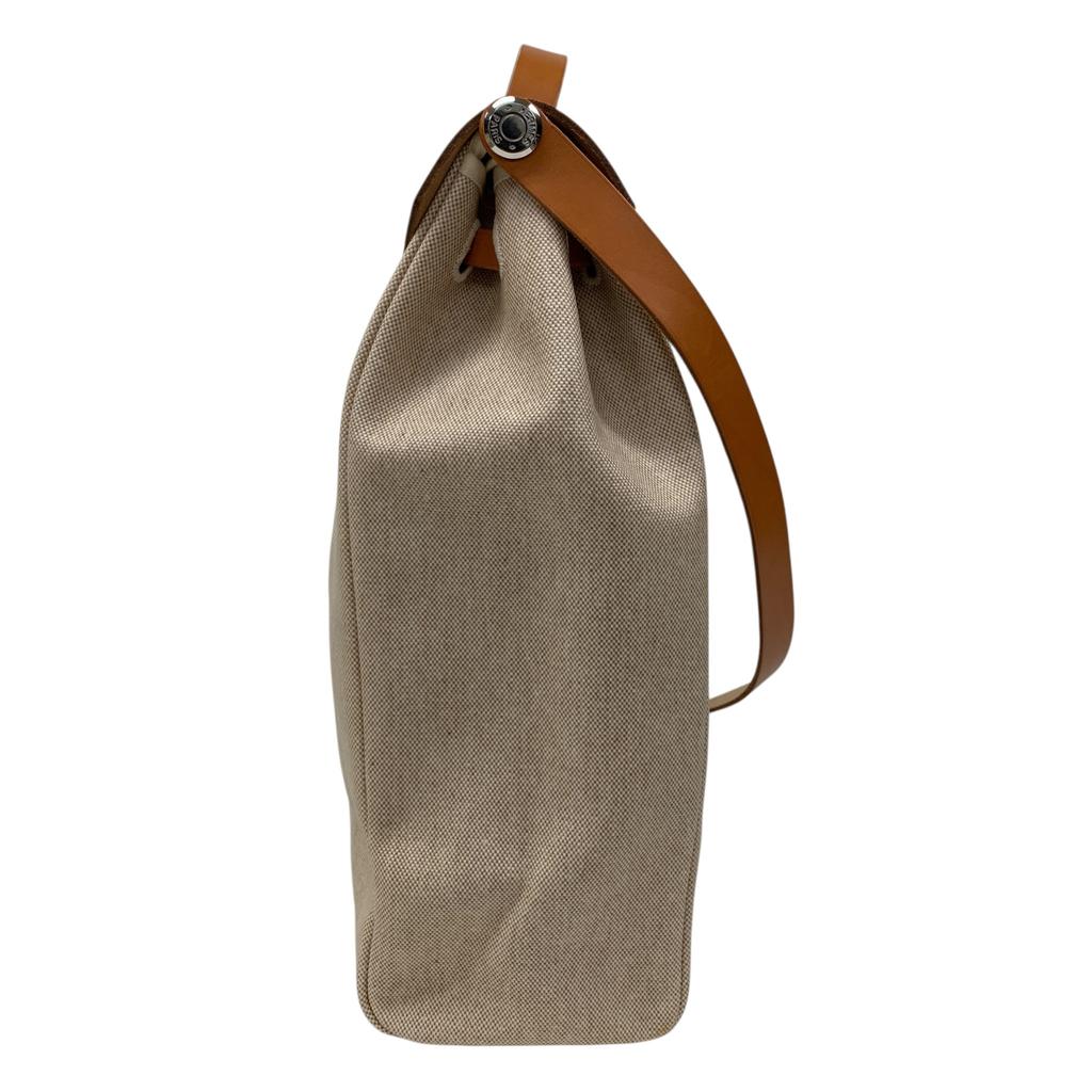 Used Hermes Herbag MM Tote Bag Canvas Beige Authentic 1186