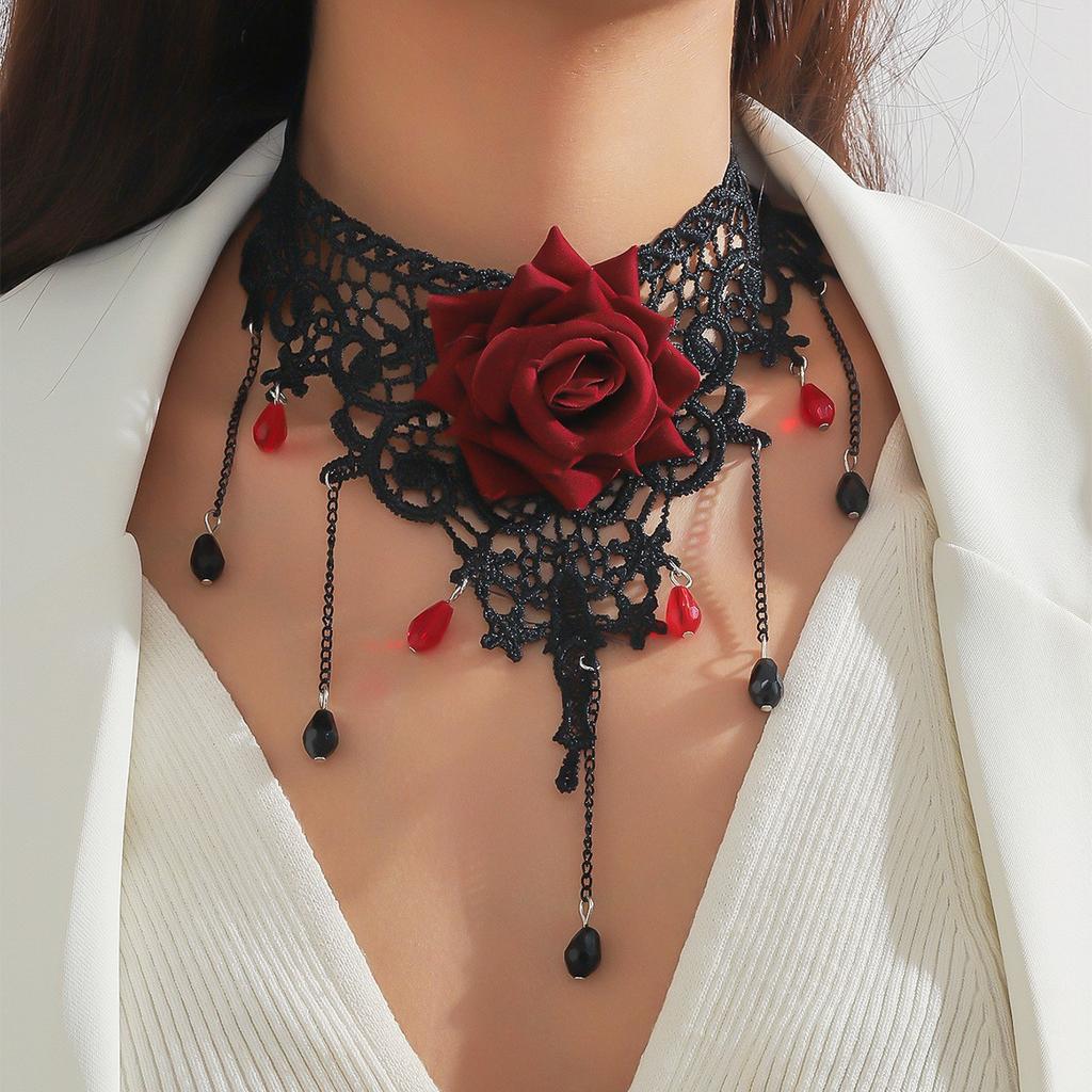 Black necklace, lace collarbone pendant, luxurious luxury necklace, hollowed out tassels, Gothic style