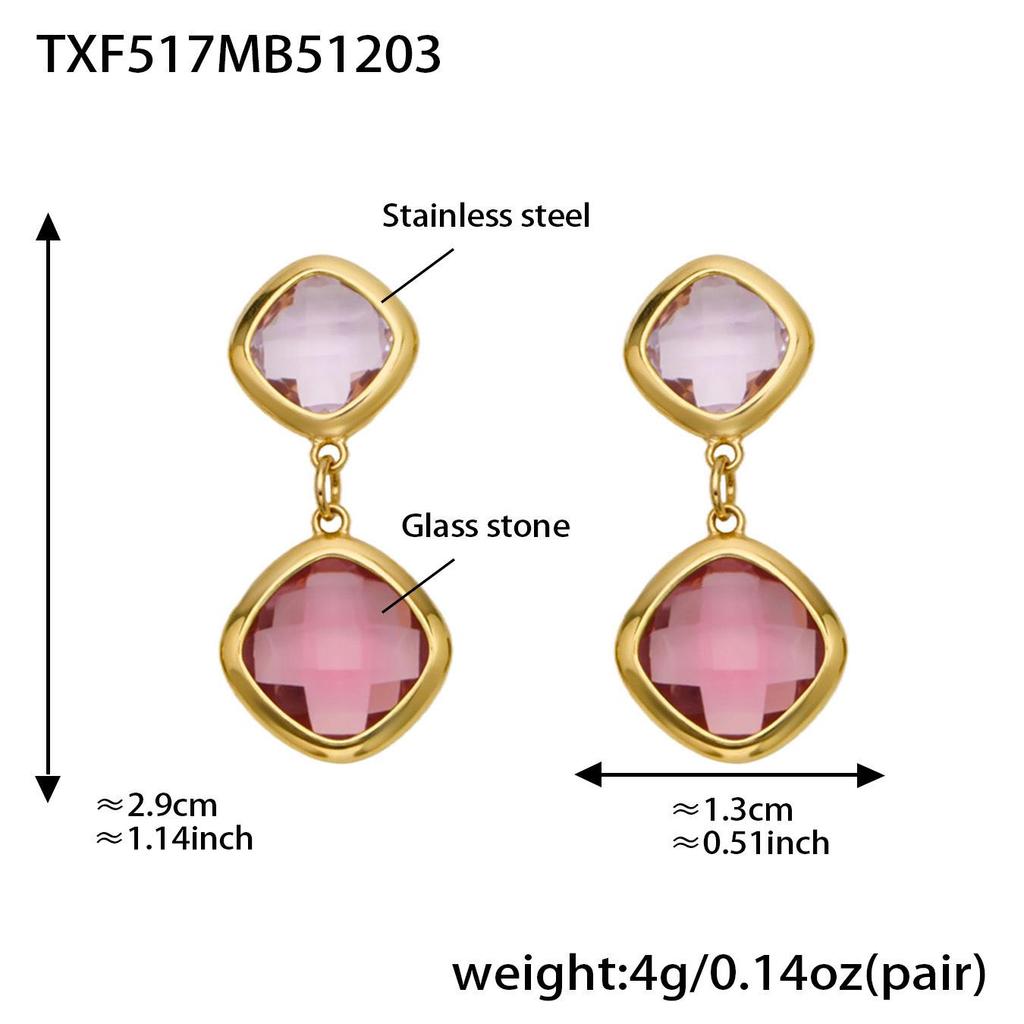 Geometric Glass Stone Earrings & Stainless Steel Bead Necklace Bracelet Set - Multi-color Patchwork Jewelry