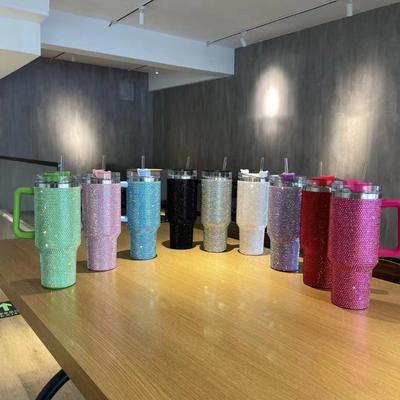 Diamond-encrusted New Cross-border 40oz Diamond Handle Car Cup Handle Large-capacity Bingba Cup Vacuum Straw Cup