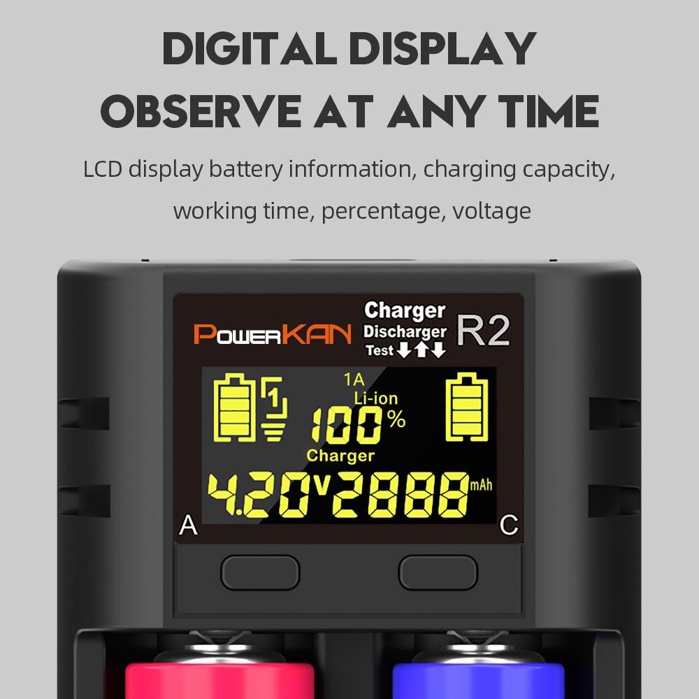 POWERKAN R2 Battery Charger LCD Display Suitable for charging 2 3.7V multi-size Li-ion batteries and 1.2V AA AAA NiMH batteries