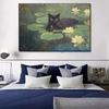 Black Dog Cat In Water Lilies Monet Vintage Funny Classic Painting Poster Canvas Painting Wall Picture Bedroom Living Room Decor