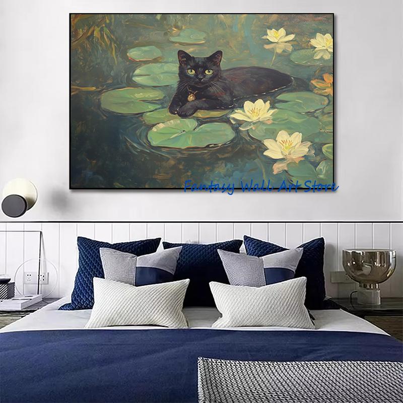Black Dog Cat In Water Lilies Monet Vintage Funny Classic Painting Poster Canvas Painting Wall Picture Bedroom Living Room Decor