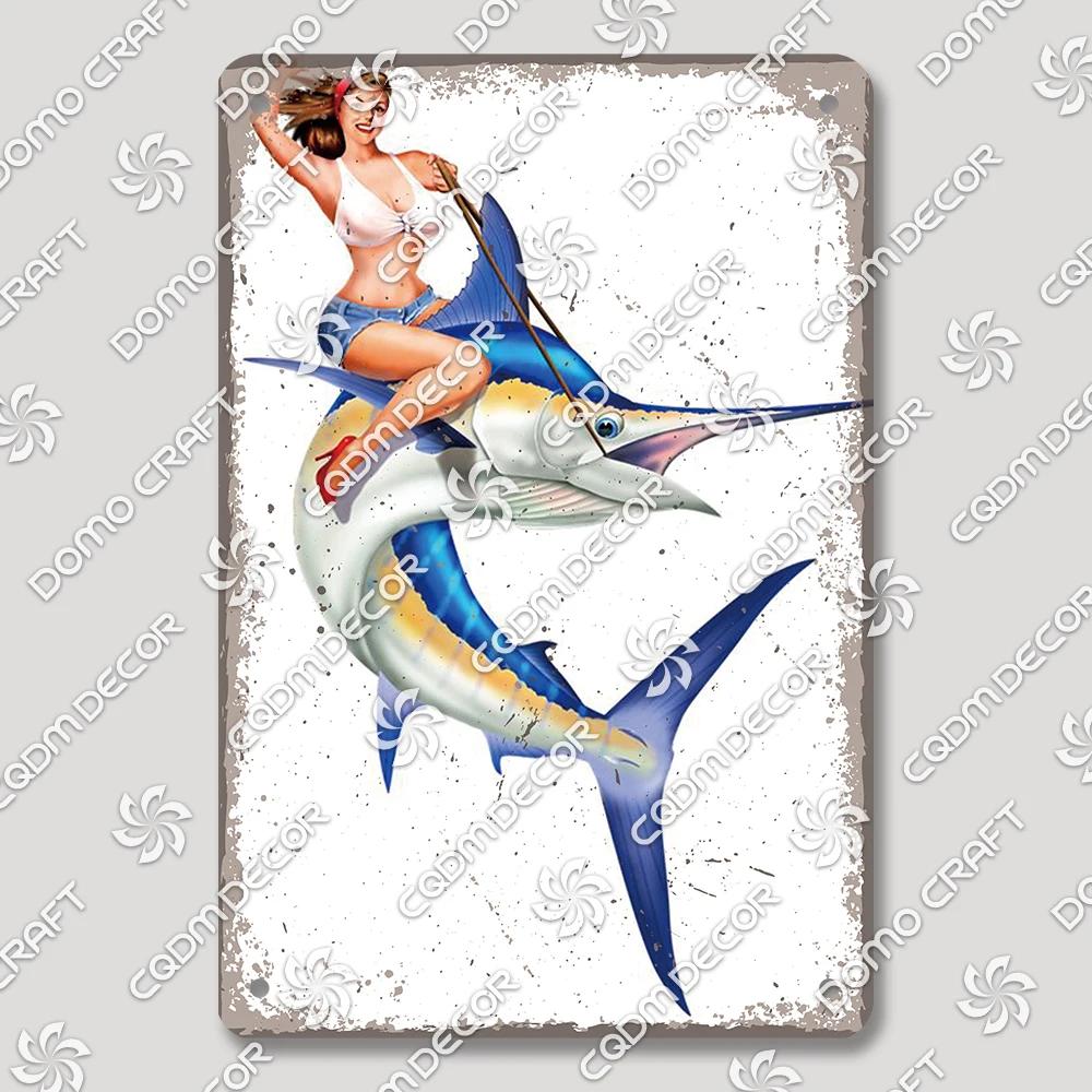Vintage Znak Metalowy Blaszany Dziewczyny Wędkujące Retro Kobieta z Psami Dekoracja Ścienna dla Klubu Wędkarskiego Dom Wiejski