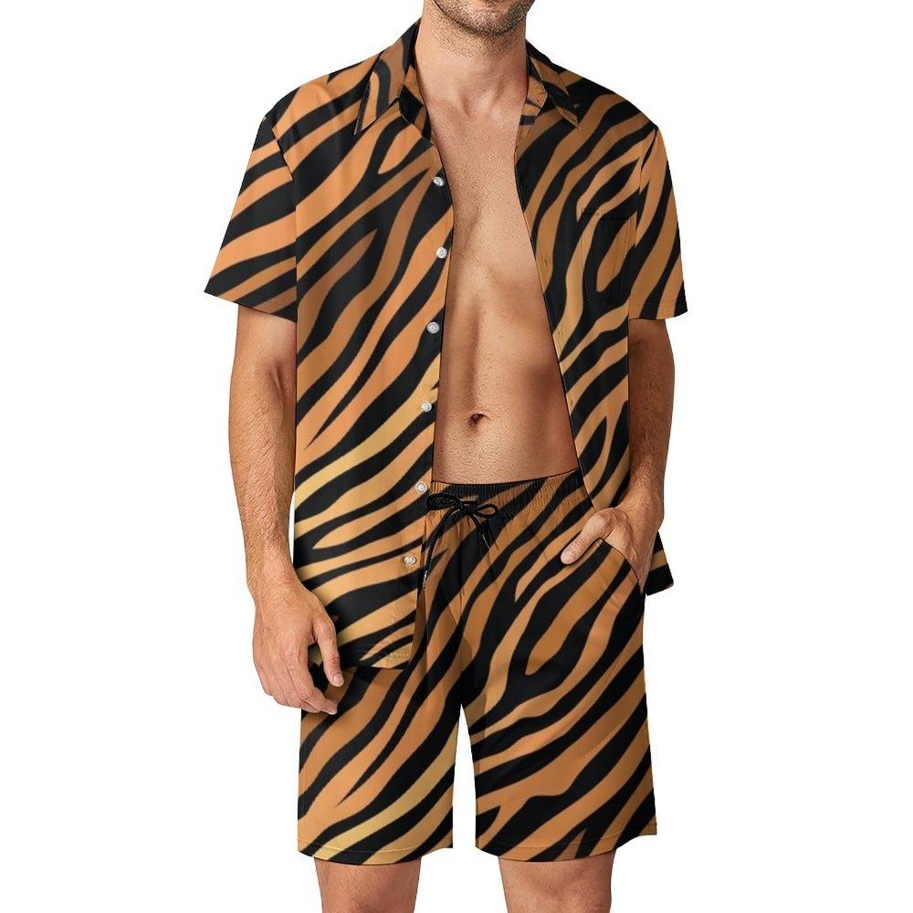

Американський літній тигровий леопардовий смугастий 3D друкований чоловічий комплект сорочок з короткими рукавами, негабаритні пляжні шорти, вуличний одяг, гавайський костюм M