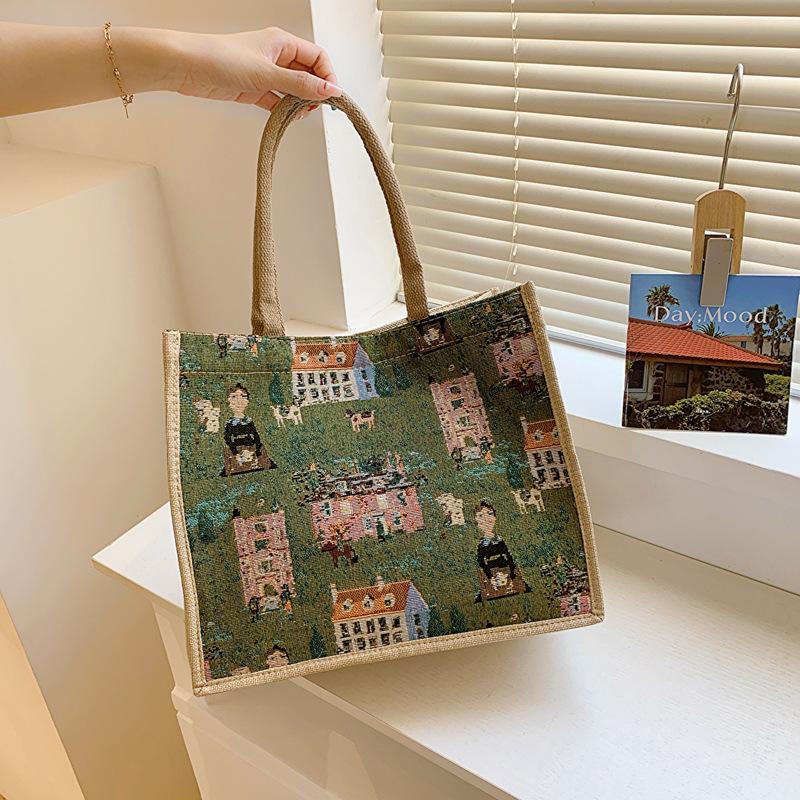 New Printed Large Capacity Fashionable Commuting Women's Bag for College Students In Class One-shoulder Tote Bag Handheld Cotton and Linen Bag Trend