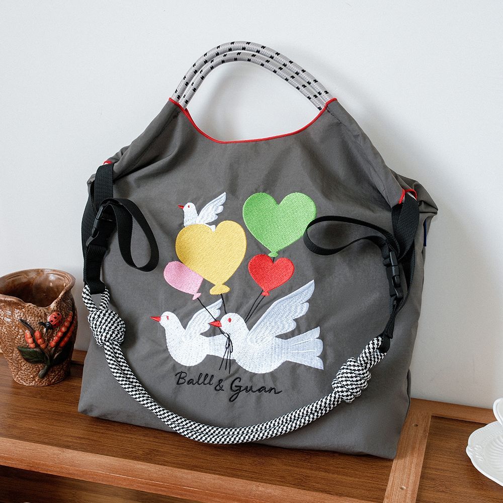 Large Capacity Embroidered Eco Nylon Shopping Tote - Versatile Shoulder/Handheld/Crossbody Bag