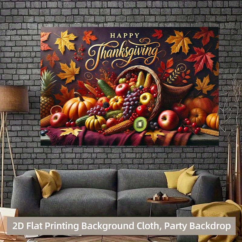 The autumn harvest Thanksgiving basket filled with various fruits and vegetables has a vibrant polyester background fabric.PMJ