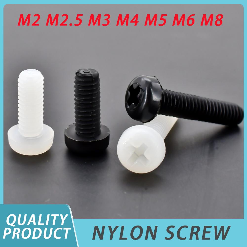 Nylon Screw M2 M2.5 M3 M4 M5 M6 M8 Black White Nylon Plastic Phillips Pan Head Screws Cross Round Head Insulated Bolts L=4~20mm