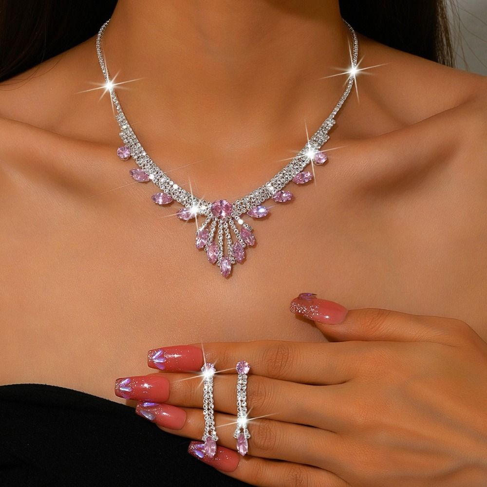 Fashion Stud Earrings Collarbone Chain Set Rhinestones Inlaid Bridal Wedding Jewelry  Engagements