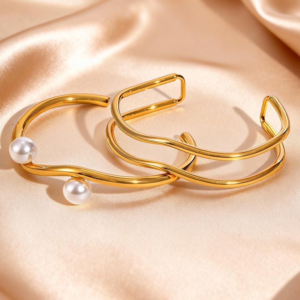 Chic Stainless Steel Double Layer Hollow Cuff Bracelet, Gold Plated Irregular Open Bangle, Waterproof Unique Minimalist Jewelry