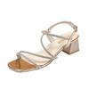 Fashion sandals summer British fashion versatile new square head rhinestone one-word buckle thick high-heeled women's shoes