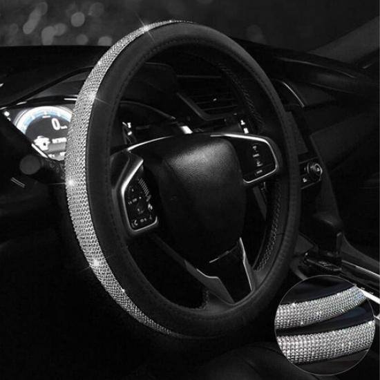 Sparkling Car Steering Wheel Cover Crystal Rhinestone Leather for Women Girl