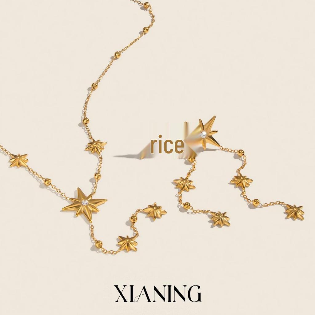 Collier Y-Chain à pampilles étoile à huit branches élégante Xia Ling, Acier inoxydable, Plaqué or 18 carats, Bijou polyvalent pour femmes