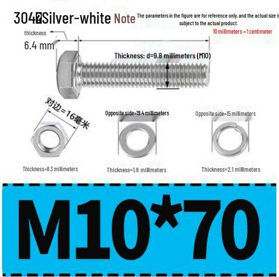 304 Stainless Steel Hex Head Bolt and Nut Set M6-M14, Lengths 8-100mm