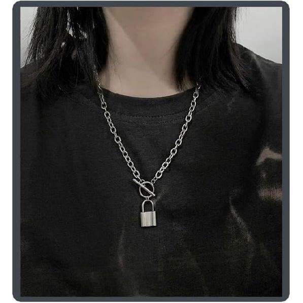 Lock Key Pendant Necklace Egirl Chains Lock Chain Necklace Statement Long Chain Punk Multilayer Choker for Women Men F:Key