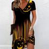 Summer Fashion Women's V Neck Short Sleeve Pumpkin Head Printed  Dress Sex Short Skirt Dresses Halloween Limited Edition