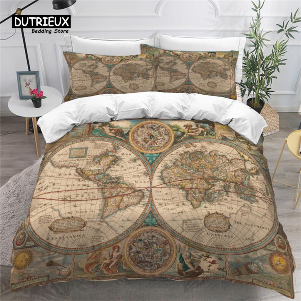 Compass Duvet Cover Vintage World Map Bedding Set Nautical Compass On Background Old Map Comforter Cover For Kids Adults Decor