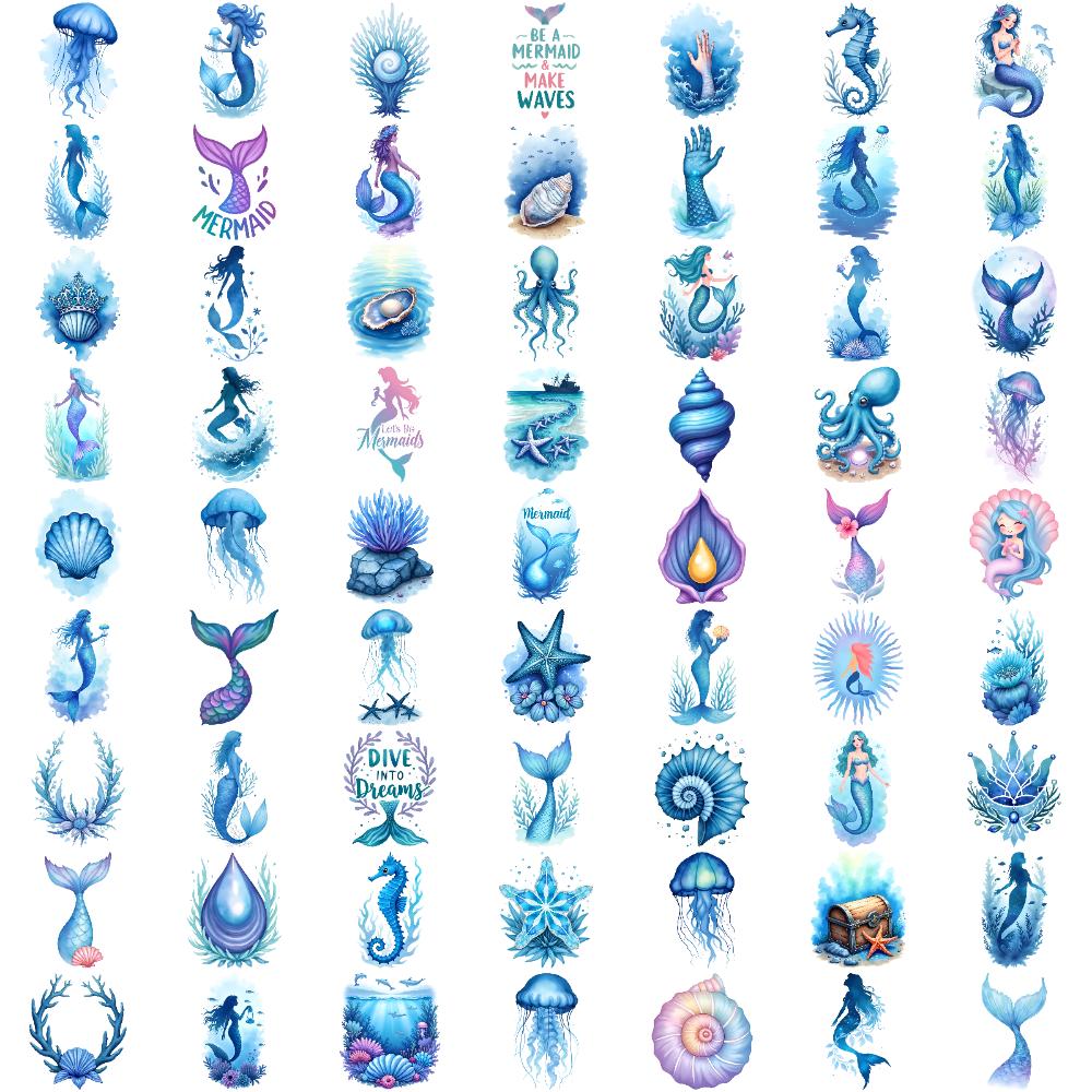 63pcs Temporary Tattoo Ocean Theme Temporary Tattoo Stickers Mermaid Design Watercolor For Cheeks Men Shoulders