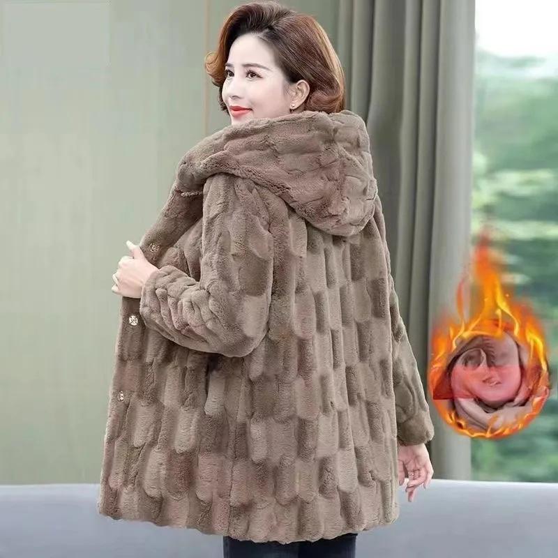 Mother's Winter Mink Imitation Leather Winter Coat Middle-aged and Elderly Women's Hooded Thick Loose Coat