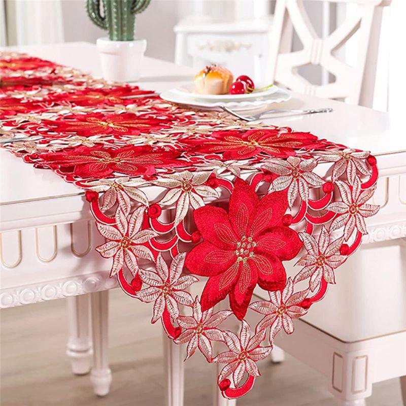 M-Modern-Christmas Table Runner, Poinsettia Holly Leaf Embroidered Table Linens For Christmas Decorations
