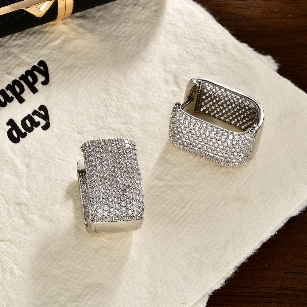 European Luxury Full Pavé Zircon Wide Hoop Earrings Gold Plated Statement Ear Buckles for Women