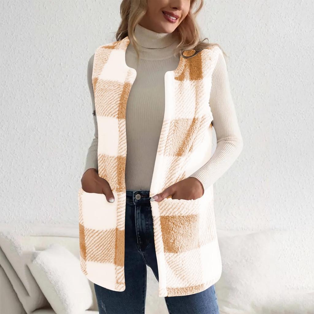 Plaid Fleece Vest For Women  Fall Winter Fuzzy Thermal Warm Sleeveless Jacket Trendy Outwear