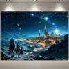 Merry Christmas Tapestry - Festive Castle Desert and Camel Patterns Starry Night View Blue Accents Polyester Material